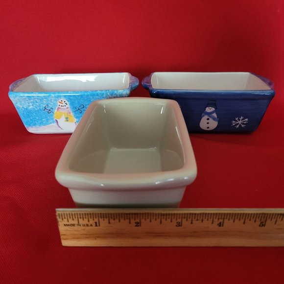 Mini Bread Loaf Pan Ceramic Stoneware Christmas Winter Snowman Snowflakes Set of - Picture 7 of 12